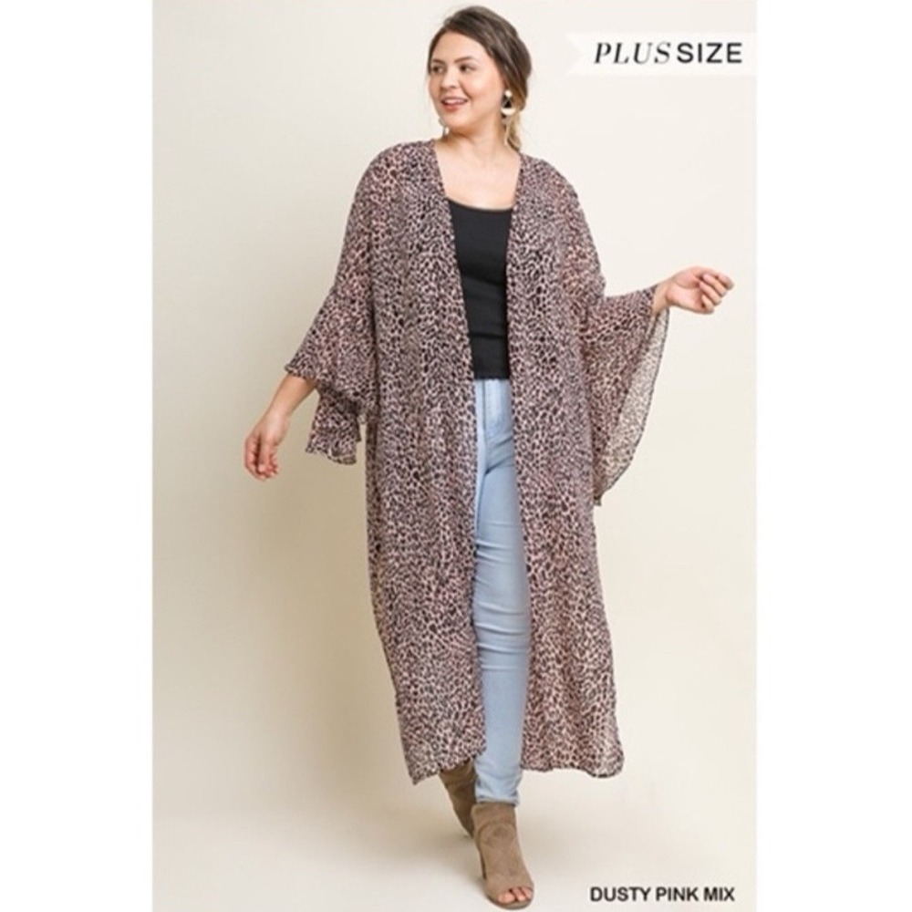 Umgee Leopard Print Duster Womens 1XL‎ Brown Metallic Ruffle Sleeve Boho Kimono